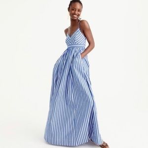 J.CREW Long Drapey Spaghetti-Strap Maxi Dress Blue White Stripe w/ Pockets